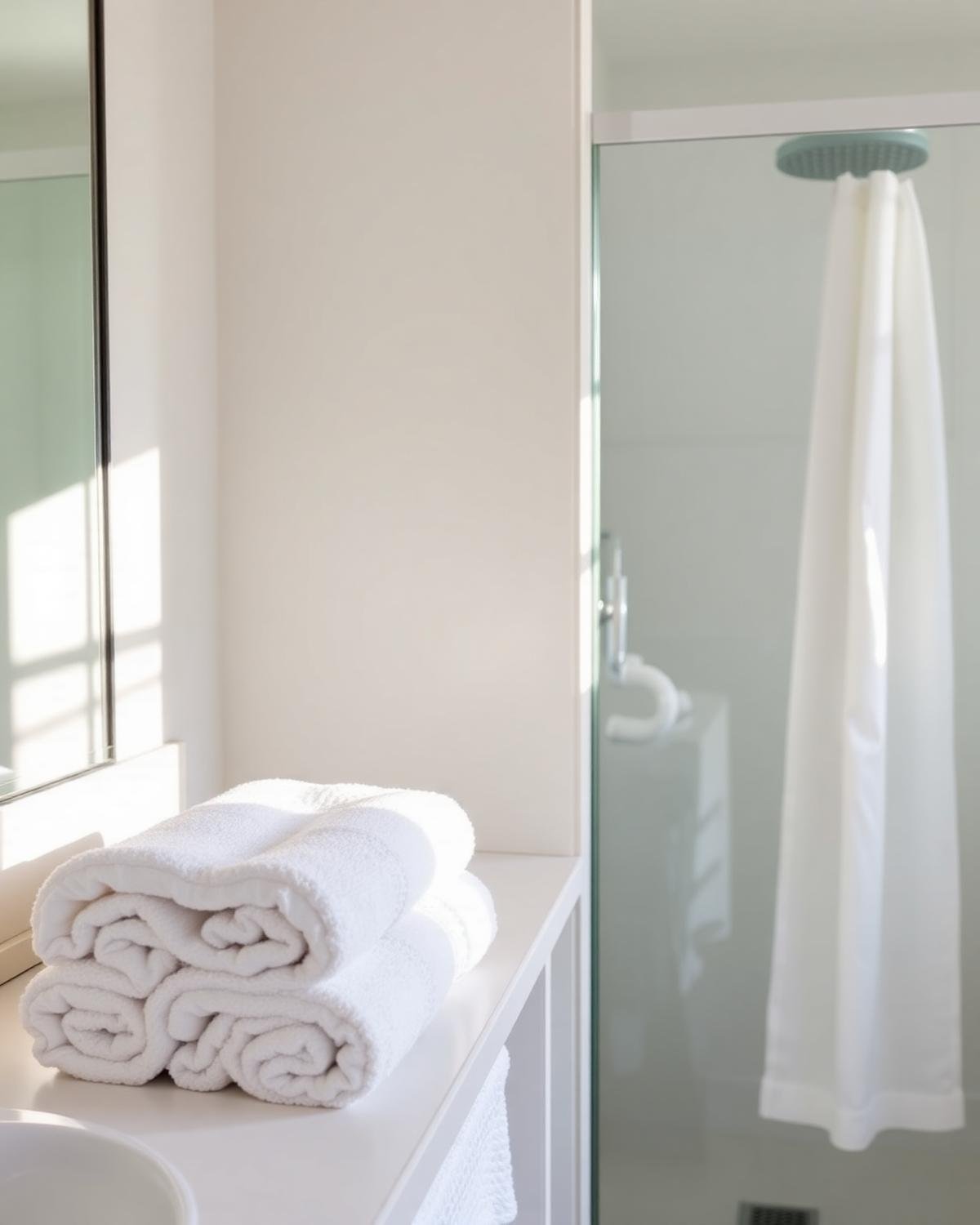 Freshly cleaned bathroom with folded white towels