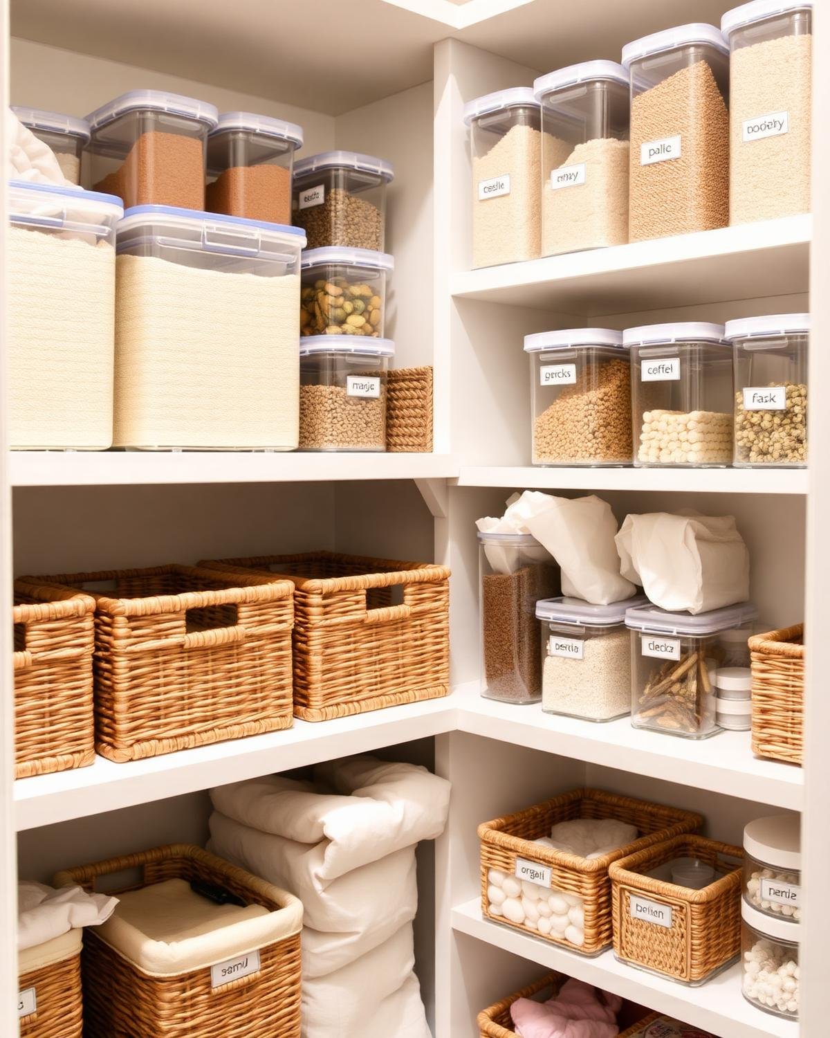 Organized pantry with labeled containers and baskets