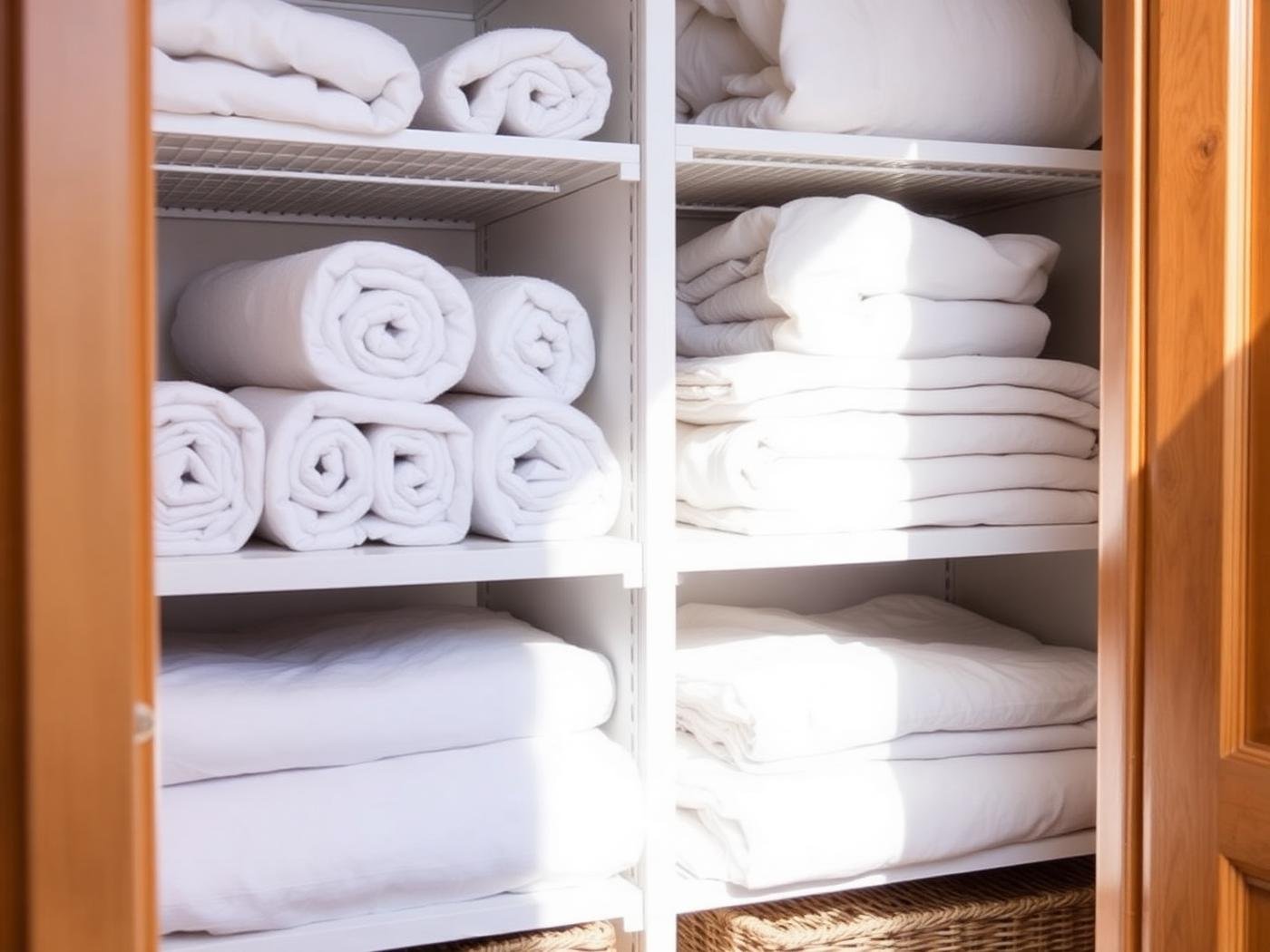 Neatly organized linen closet with rolled towels