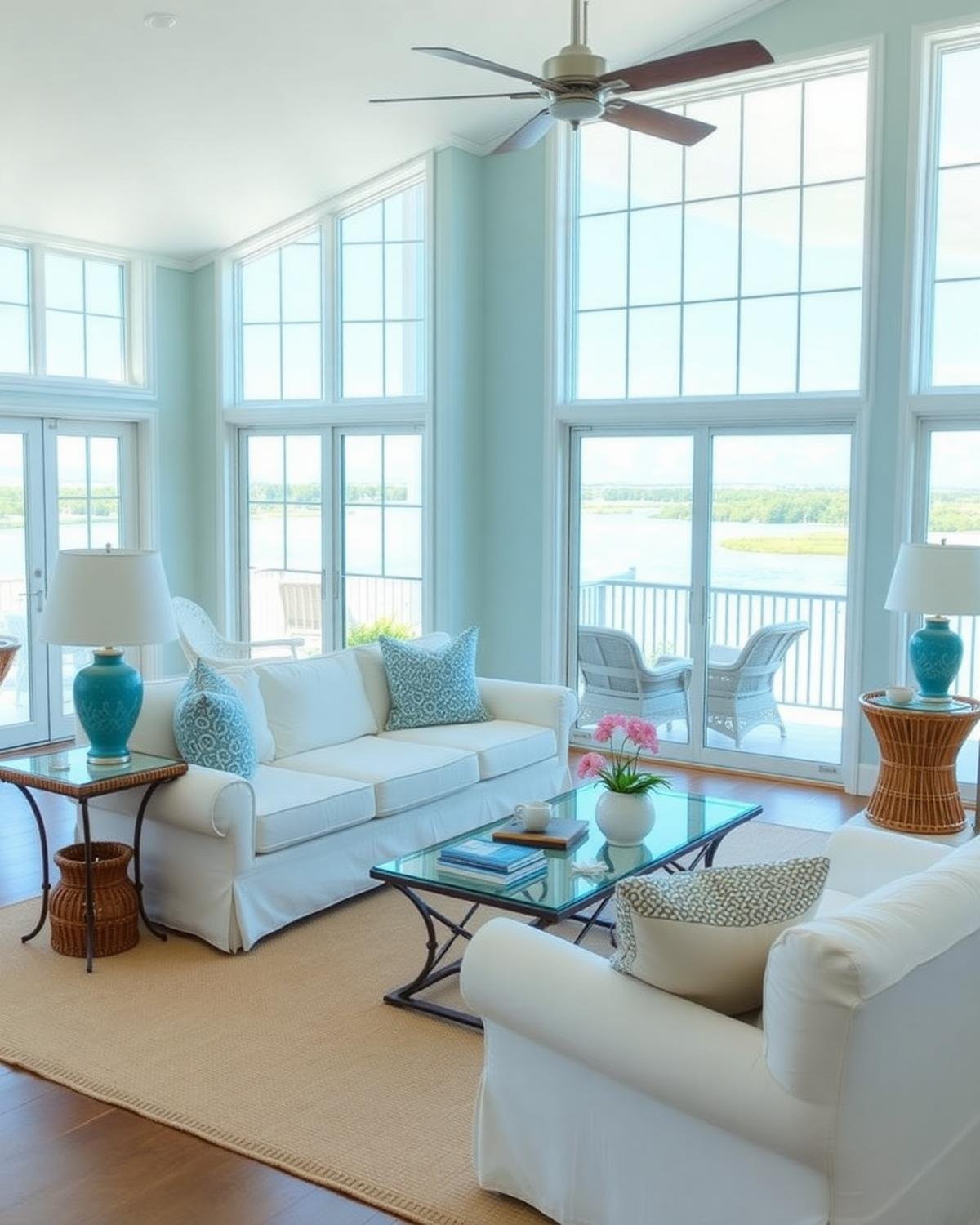 Coastal vacation rental living room styled by Surfside Property Services