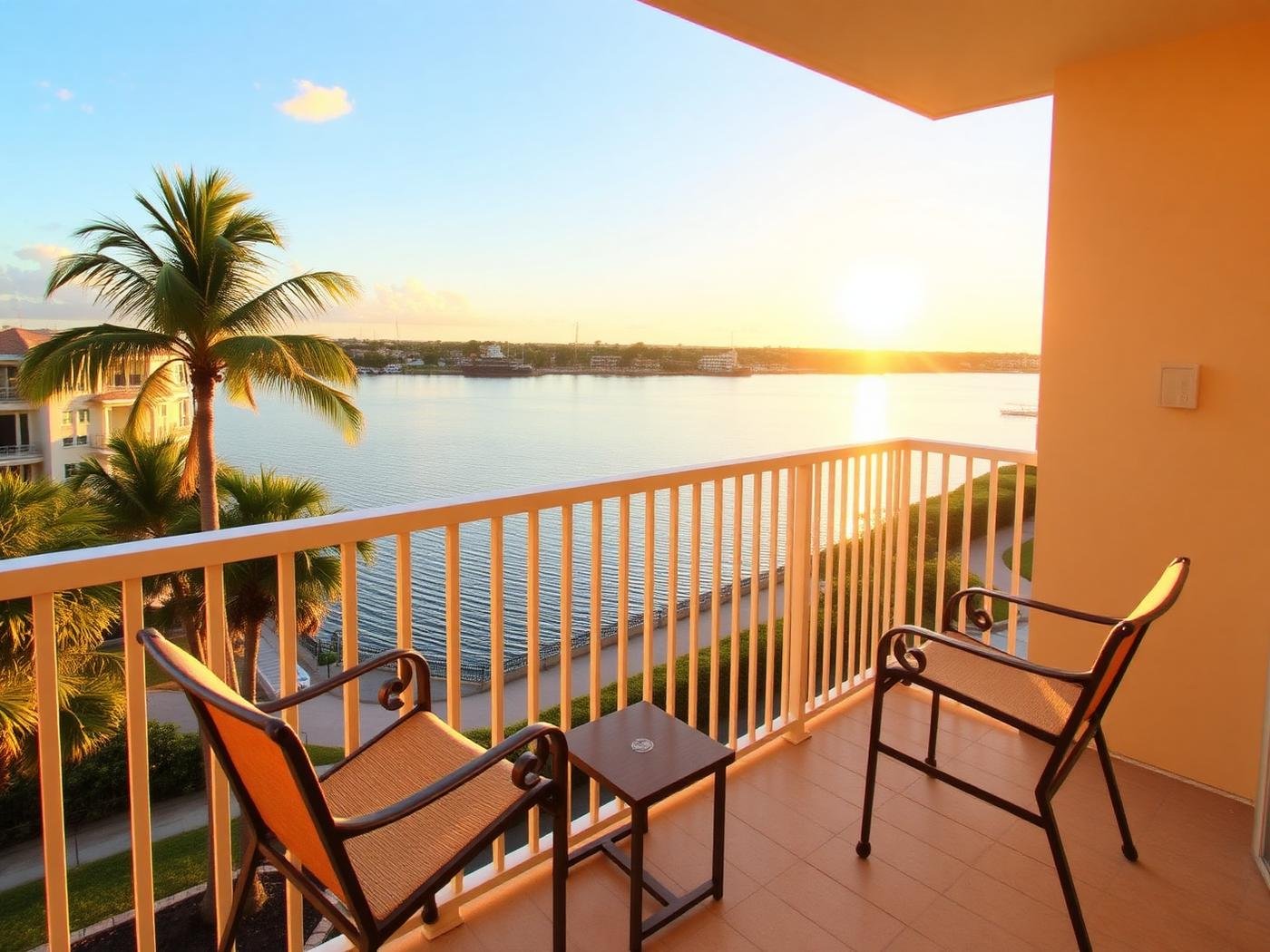 Vacation rental balcony overlooking the Intracoastal at sunset