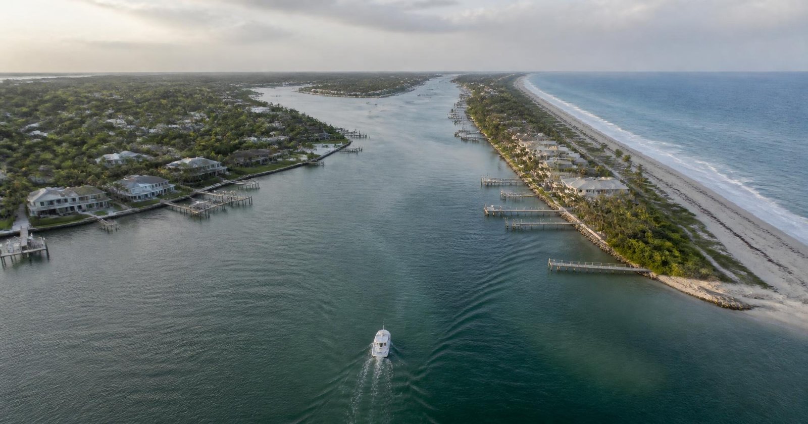 Aerial view of the Treasure Coast intracoastal waterway and barrier island