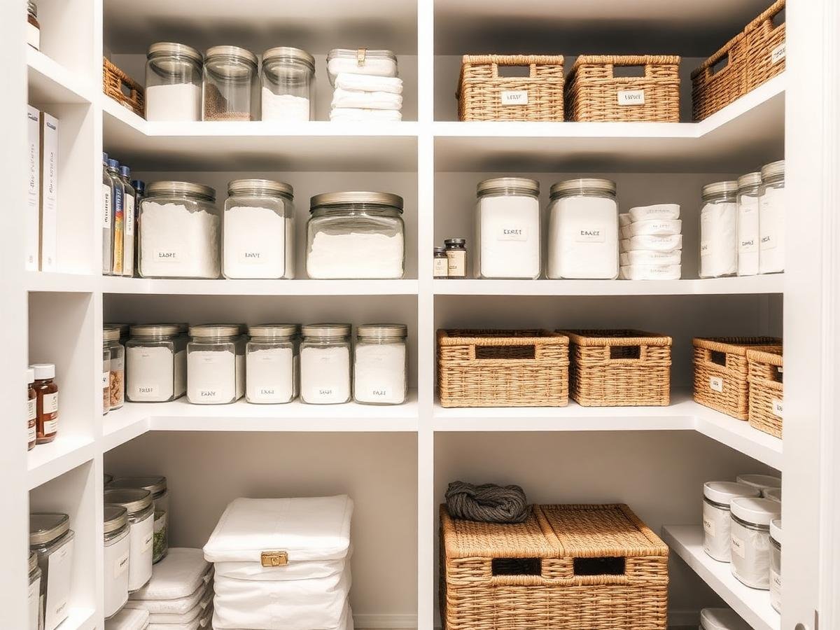 Organized pantry with labeled containers and woven storage baskets